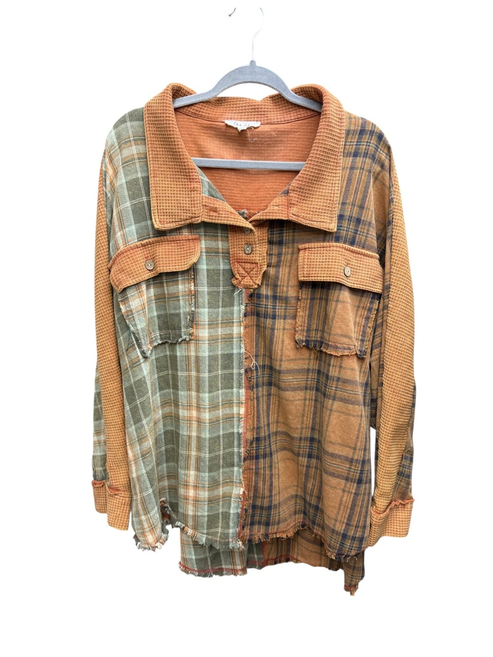 Oli & Hali Boho Patchwork Mixed Plaid Waffle Knit Raw Hem Oversized Shacket Top